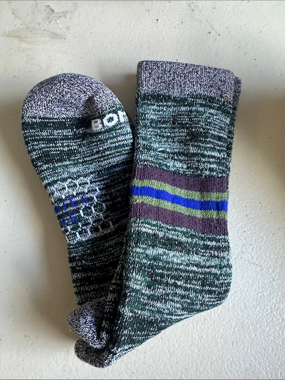 Bombas Green Marled Crew Socks with Purple and Blue Stripes Calf Length Y0311